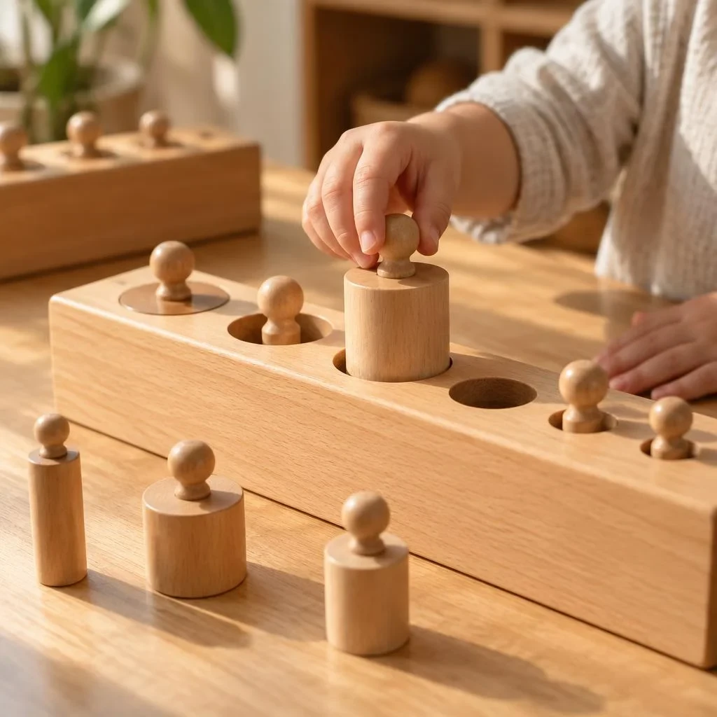 Mão de criança encaixando um cilindro no bloco de cilindros Montessori